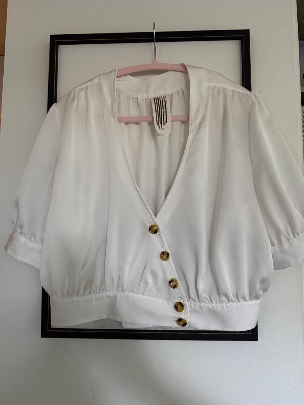 Free People White V-Neck Button-Front Blouse with Gold Buttons